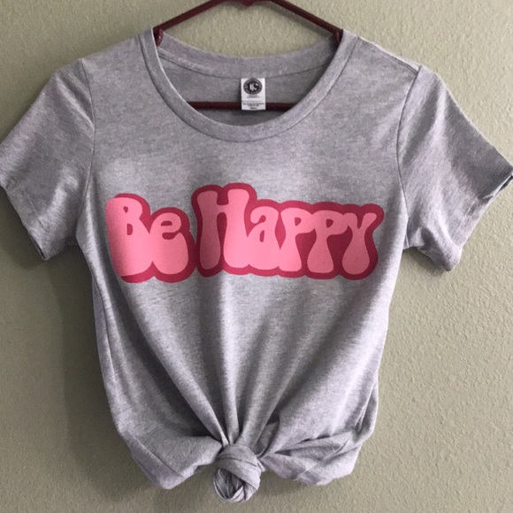 New Women’s “Be Happy” 70’s Bubble Graphic Crew Neck Love Tee - Picture 1 of 6